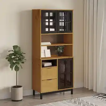 ManoMano Sideboard Highboard für Wohnzimmer - Schrank Kommode Anrichte mit Glastüren flam 80x40x180 cm Massivholz Kiefer -FV50385 Angebot