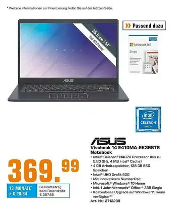 Saturn Asus Vivobook 14 E410ma-ek368ts Notebook Angebot