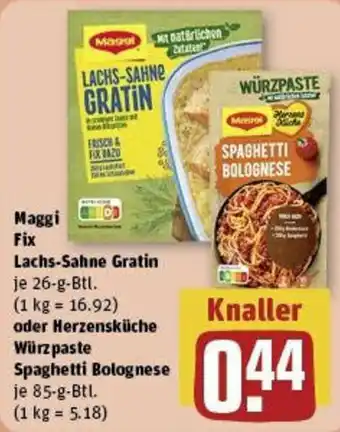 REWE Maggi Fix Lachs-Sahne Gr oder Herzensküche Würz paste Spaghetti Bolognese 85 g Btl. Angebot