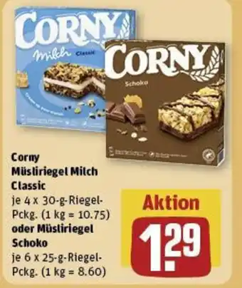 REWE Corny Müsliriegel Milch Classic 4 x 30-g-Riegel-Pckg oder Müsliriegel Schoko 6 x 25 g Riegel-Pckg. Angebot