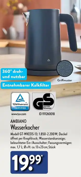 Aldi Nord AMBIANO Wasserkocher Modell GT-WKEDS-13; 1.850-2.200 W Angebot