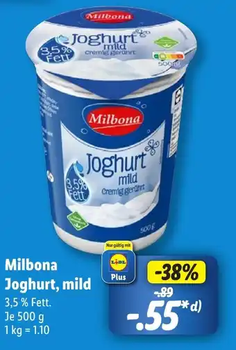 Lidl Milbona Joghurt, mild 3,5 % Fett. Je 500 g Angebot