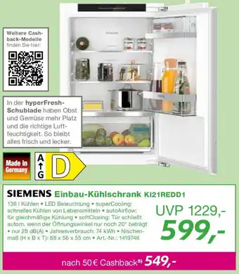 EP SIEMENS Einbau-Kühlschrank KI21REDD1 Angebot