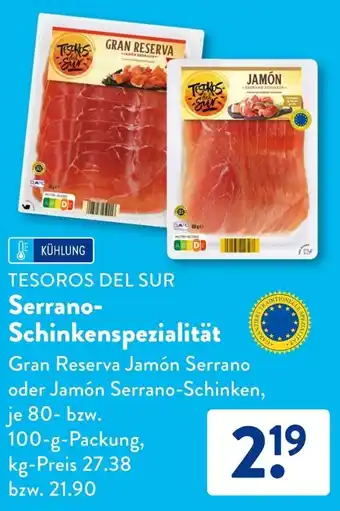 Aldi Süd TESOROS DEL SUR Serrano Schinkenspezialität 80-100 g Packung Angebot