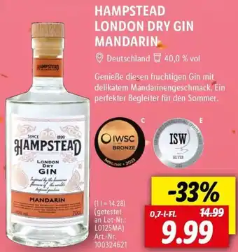 Lidl HAMPSTEAD LONDON DRY GIN MANDARIN 0,7 L-FL Angebot