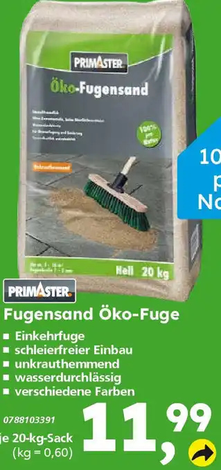 Globus Baumarkt PRIMASTER Fugensand Öko-Fuge 20 kg Sack Angebot