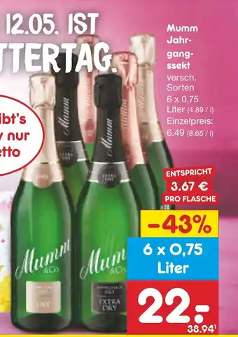 Netto Marken-Discount Mumm Jahrgangssekt 6 x 0,75 Liter Angebot