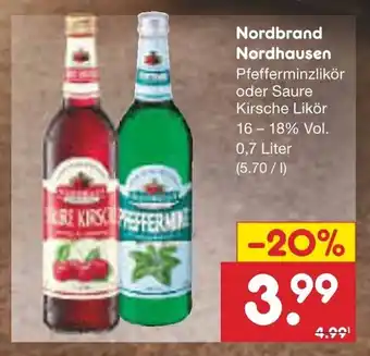 Netto Marken-Discount Nordbrand Nordhausen Pfefferminzlikör oder Saure Kirsche Likör 16 - 18% Vol. 0,7 Liter Angebot