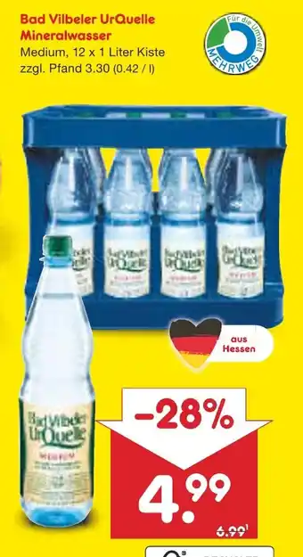 Netto Marken-Discount Bad Vilbeler UrQuelle Mineralwasser Medium, 12 x 1 Liter Kiste Angebot