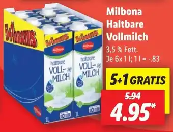 Lidl Milbona Haltbare Vollmilch 6 x 1 l Angebot