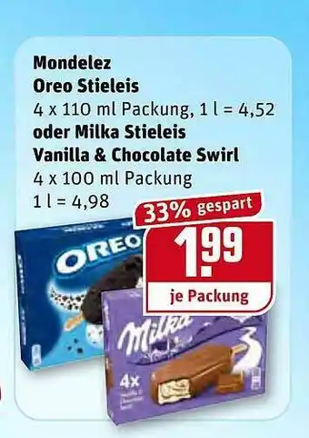 REWE Mondelez Oreo Stieleis Oder Milka Stieleis Vanilla & Chocolate Swirl Angebot