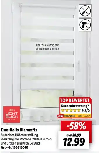 Lidl LICHT BLICK Duo-Rollo Klemmfix Angebot