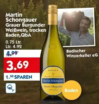 Hol'ab Getränkemarkt Martin Schongauer Grauer  Burgunder Weißwein, trocken Baden, QbA 0,75L Angebot