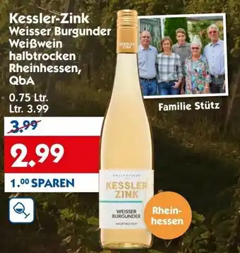 Hol'ab Getränkemarkt Kessler Zink Weisser Burgunder Weißwein halbtrocken halbtrocken Rheinhessen, QbA 0,75L Angebot