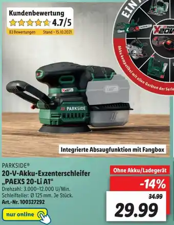 Lidl Parkside 20 V Akku Exzenterschleifer PAEXS 20-Li A1 Angebot