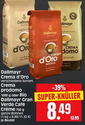 Edeka Herkules Dallmayr Crema d'Oro, Crema prodomo 1000g oder Bio Dallmayr Gran Verde Cafè Crème 750g Angebot