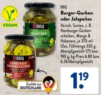 Aldi Süd BBQ Burger-Gurken oder Jalapeños 370 ml Glas Angebot