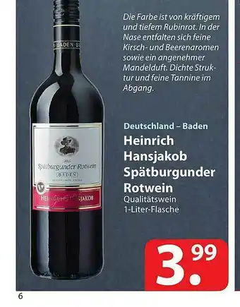 Famila Nord Ost Deutschland-baden Heinrich Hansjakob Spätburgunder Rotwein Angebot