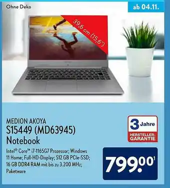 Aldi Nord Medion Akoya S15449 (md63945) Notebook Angebot