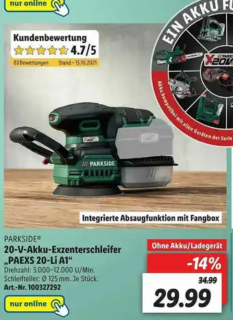 Lidl Parkside 20v-akku-exzenterschleifer „paexs 20-li A1” Angebot