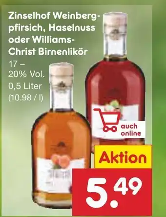 Netto Marken-Discount Zinselhof Weinbergpfirsich, Haselnuss oder Williams-Christ Birnenlikör 0,5 Liter Angebot