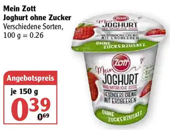 Globus Mein Zott Joghurt ohne Zucker 150g Angebot