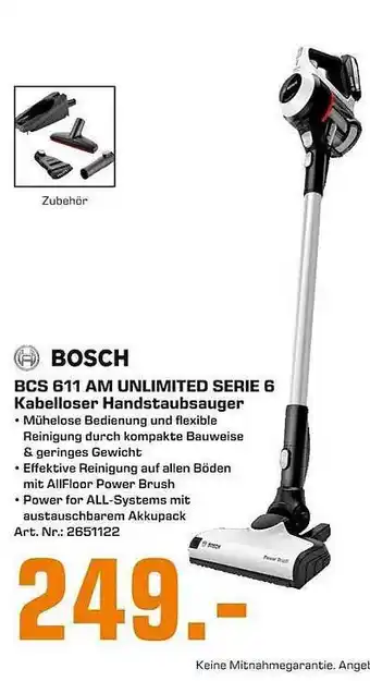 Saturn Bosch BCS 611 AM Unlimited Serie 6 Kabelloser Handstaubsauger Angebot