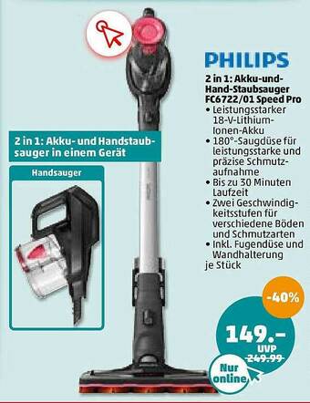 PENNY Philips 2in1: Akku-und-hand-staubsauger Fc6722.01 Speed Pro Angebot