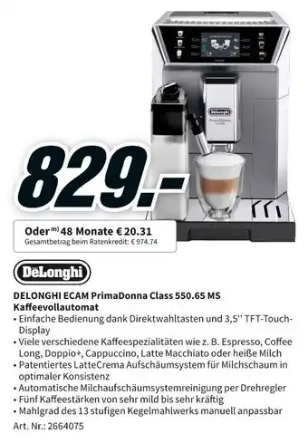 MediaMarkt Delonghi ECAM PrimaDonna Class 550.65 MS Kaffeevollautomat Angebot