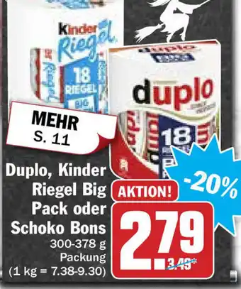 Hit Duplo, Kinder Riegel Big Pack oder Schoko Bons 300-378g Angebot