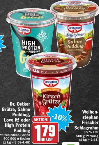 Hit Dr. Oetker Grütze, Sahne Pudding, Love It! oder High Protein Pudding 400-500g Becher Angebot