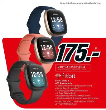 MediaMarkt Fitbit Versa 3 GPS Smartwatch Angebot