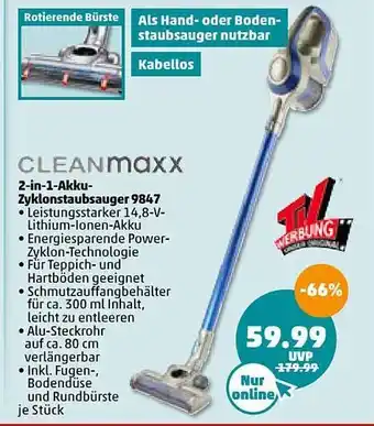 PENNY Cleanmaxx 2 In 1 Akku Zyklonstaubsauger 9847 Angebot