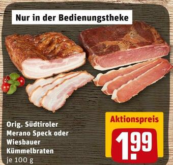 REWE Orig. südtiroler merano speck oder wiesbauer kümmelbraten Angebot