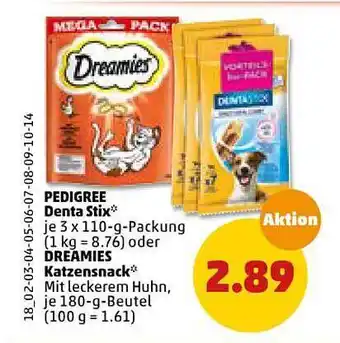 PENNY Pedigree Denta Stix 3x110g Oder Dreamies Katzensnack 180g Angebot