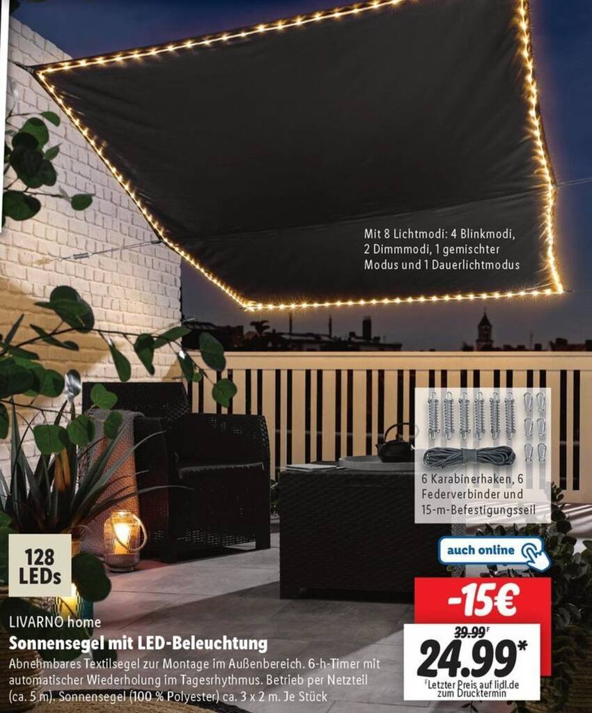 LIVARNO home Sonnensegel mit LED-Beleuchtung Angebot bei Lidl