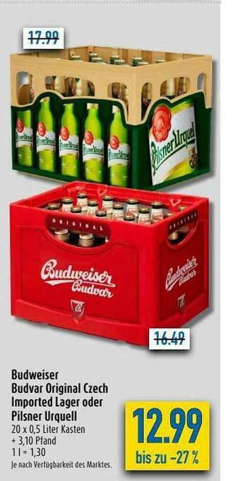 diska Budweisser Budvar Original Czech Imported Lager Oder Pilsner Urquell Angebot