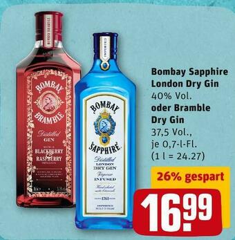 REWE Bombay sapphire london dry gin oder bramble dry gin Angebot