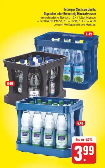 Edeka lleburger Sachsen Quelle, Oppacher oder Rennsteig Mineralwasser 12x1 Liter Kasten Angebot