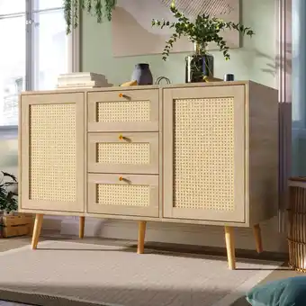 ManoMano Merax - Sideboard Kommode mit 3 Schubladen, 2 Türen und verstellbaren Ablagen, Rattan Front und Massivholzfüßen, Wohnzimmersc Angebot