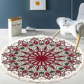 ManoMano Teppich Wohnzimmer Rund Handgewebter Baumwollteppich Mandala-Muster Böhmischer Vintage-Stil Mit Bommeln Maschinenwaschbar Für Angebot