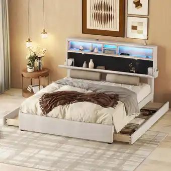 ManoMano Polsterbett 140x200cm, höhenverstellbares Kopfteil mit Stauraum, Funktionsbett, mit led und usb, Doppelbett mit 4 Schubladen  Angebot