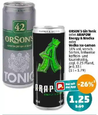 PENNY ORSON'S Gin Tonic oder ARAPOW Energy & Wodka oder Vodka Ice-Lemon 0,33l Angebot