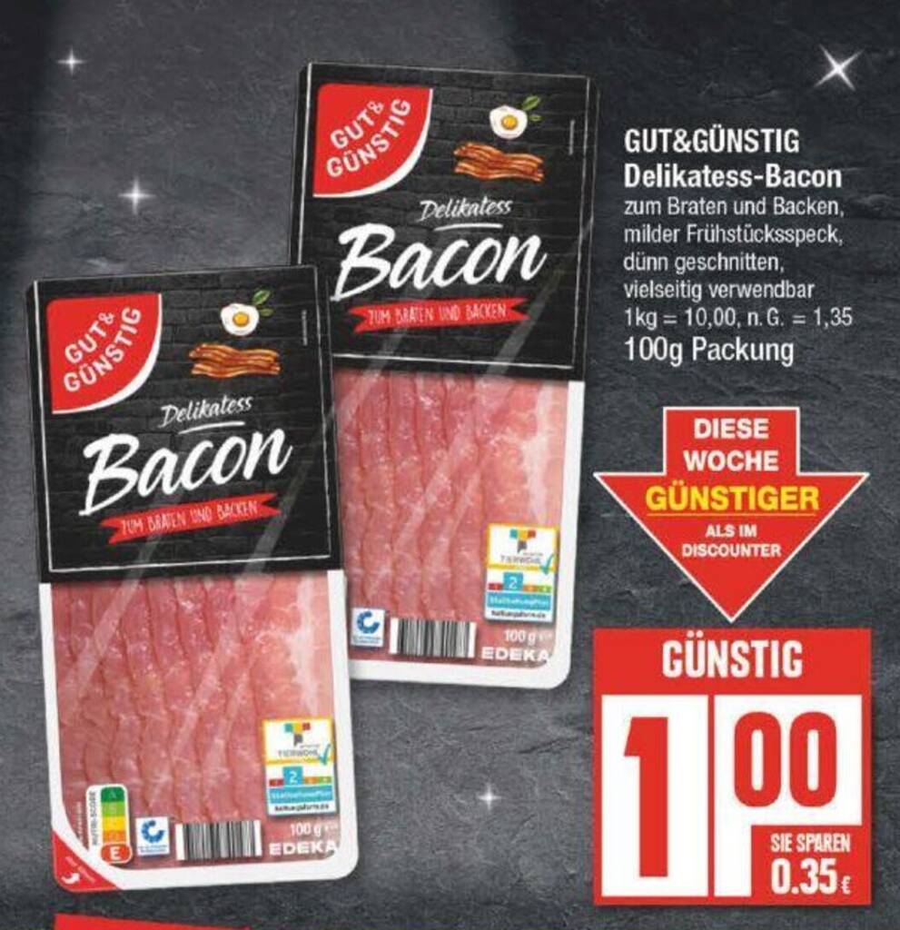 GUT&GÜNSTIG DelikatessBacon100g EDEKA 100g Packung Angebot bei Edeka