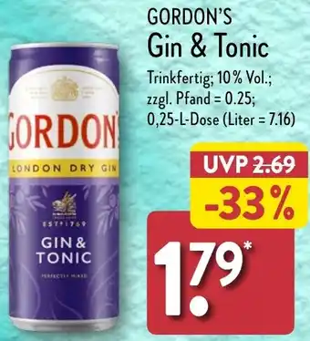 Aldi Nord GORDON'S Gin & Tonic 0,25 L Dose Angebot