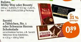 tegut Sarotti 4 Tafelchen, No.1 o. Schwarze Herren Schokolade 100g Angebot