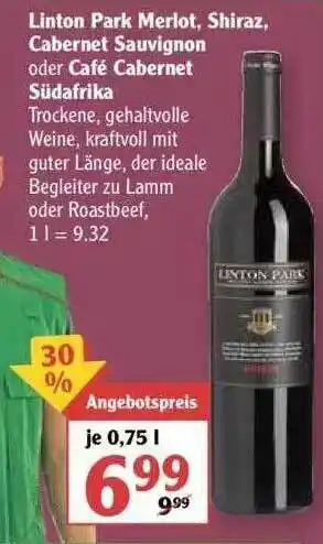 Globus Linton Park Merlot, Shiraz, Cabernet Sauvignon Oder Café Cabernet Südafrika Angebot