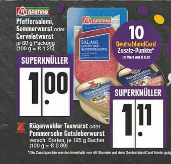 E-Center Pfeffersalami Sommerwurst Oder Cervelatwurst Rügenwalder Teewurst Oder Pommersche Gutsleberwurst Angebot