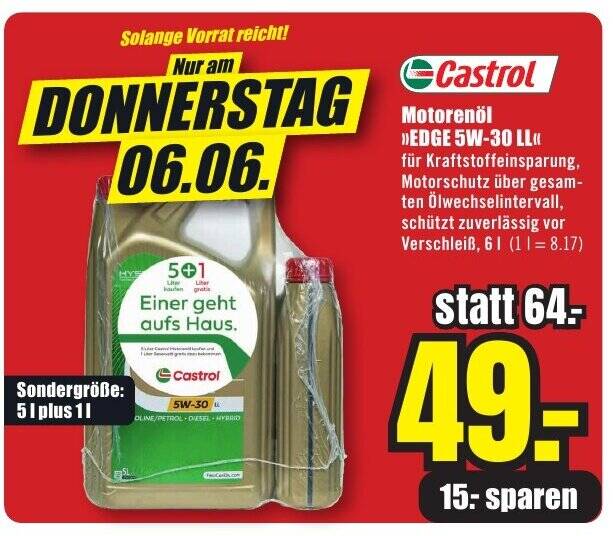 Castrol Motorenöl EDGE 5W-30 LL 6L Angebot bei B1 Discount Baumarkt