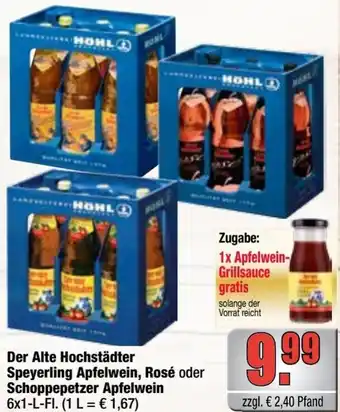 alldrink Der Alte Hochstädter Speyerling Apfelwein, Rosé oder Schoppepetzer Apfelwein 6x1 L-FI. Angebot